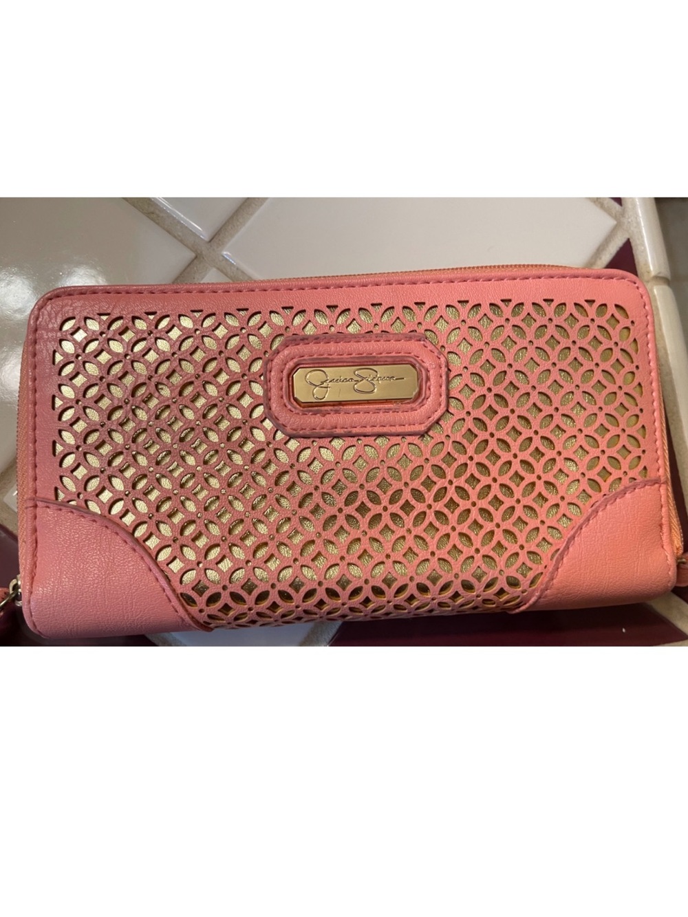 Jessica Simpson Pink Coral Laser-Cut Zip Wallet